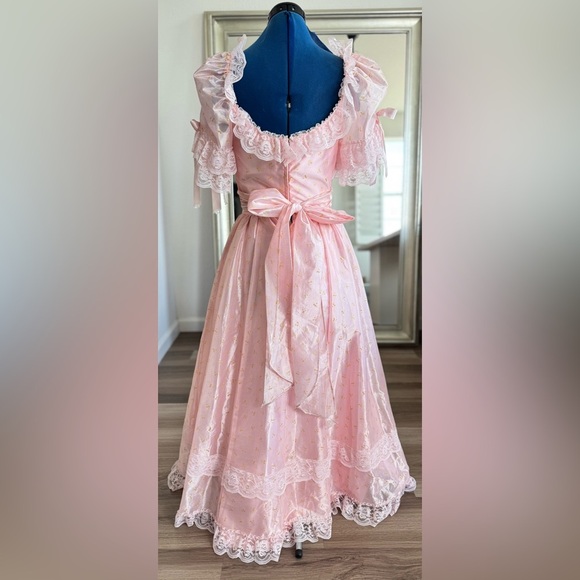 vintage 80s prom dress pink lace puffy bows tulle ball gown puff sleeves ILGWU - Picture 5 of 16